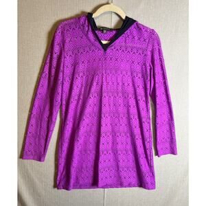 Title Nine Pink Laser Cut Tunic Swim Beach Cover Up Lace Hooded Swimwear Dress